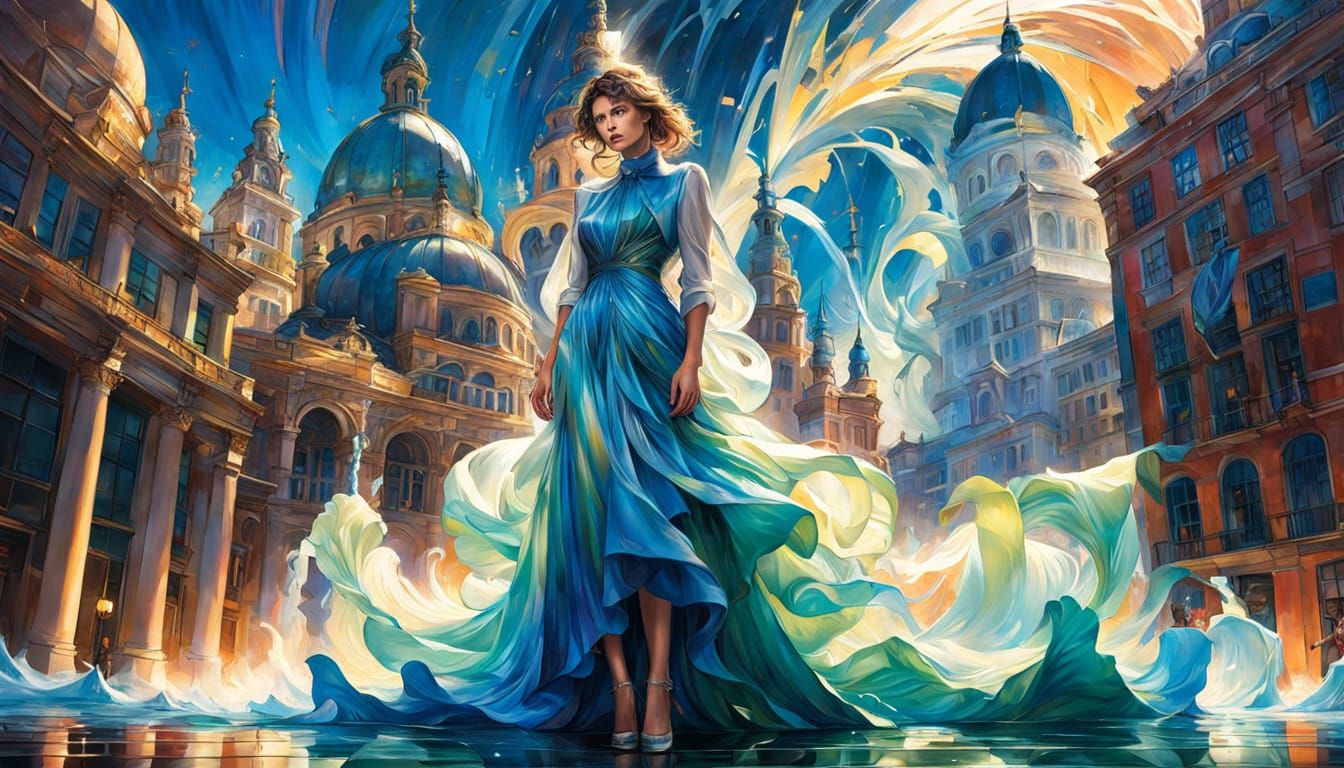 Surreal Woman in Water Dress Defies Gravity in Twisting City