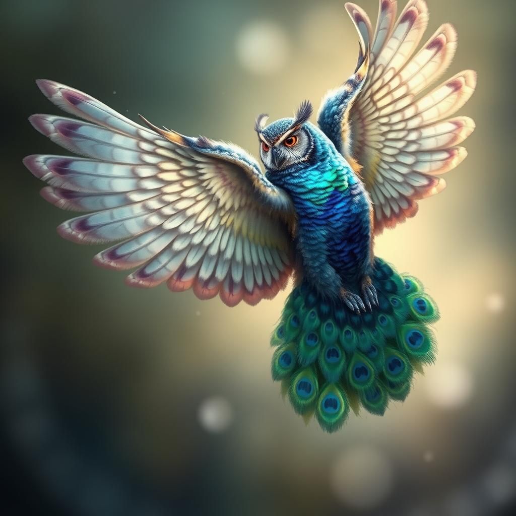 Majestic Peacock-Owl Hybrid Soaring