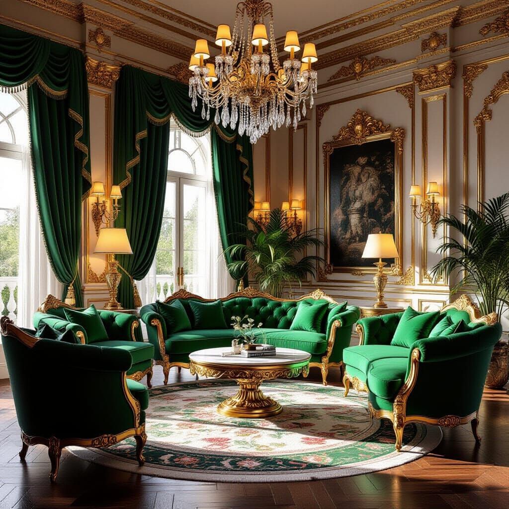 Exotic Emerald and Gold Living Room in Photorealistic 3D Sty...