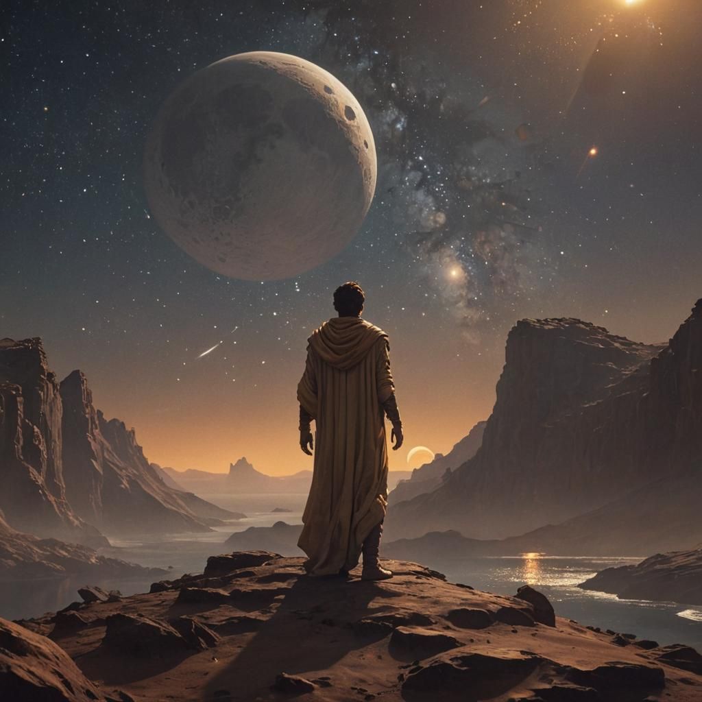 Celestial Figure Amidst Stars in Sci-Fi Style