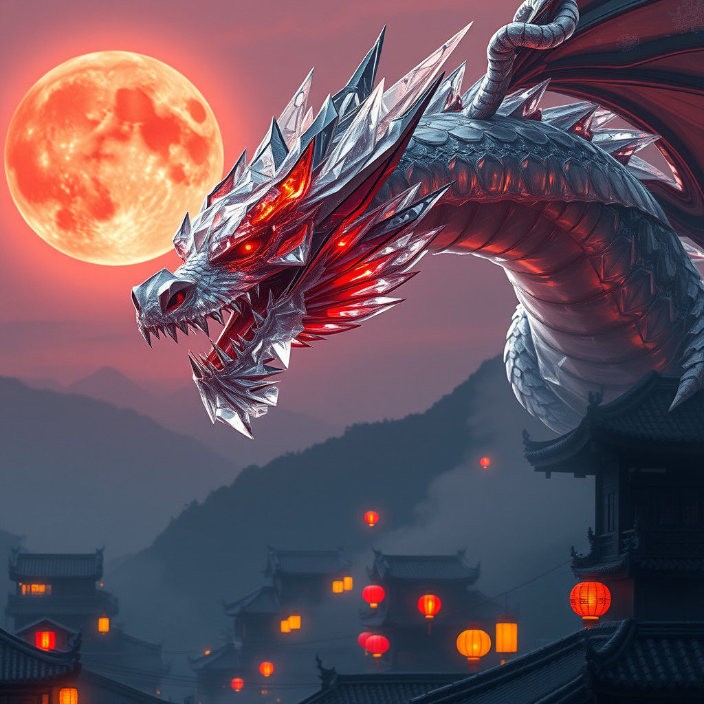 Crystal Dragon Soaring Over Chinese Village
