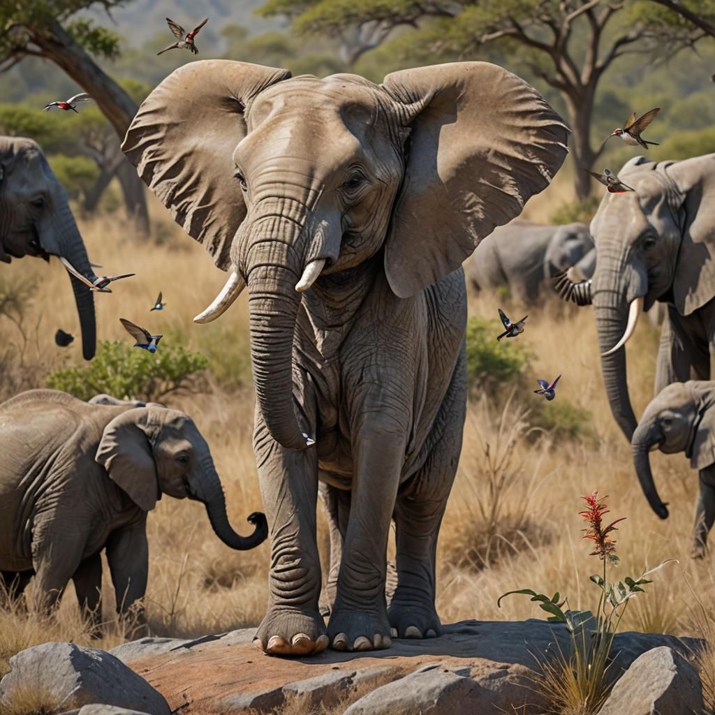 Elephant and Hummingbird in Savanna Sunlight