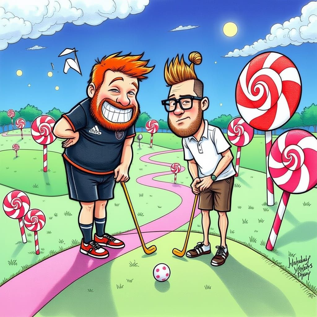 Rugby Player and Hipster Golfing in Candy Land