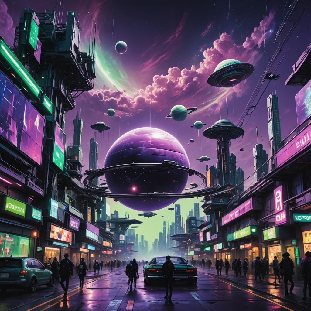 Cyberpunk Park with Saturn in Hyperrealism