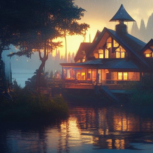 Gnome's Lake House in Cyberpunk Lightning Storm