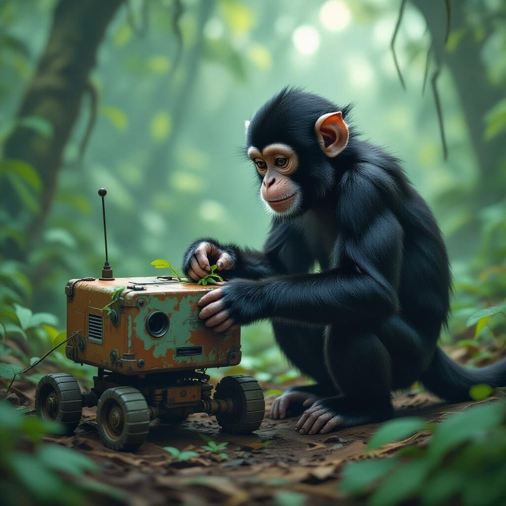 Monkey Cleans Robot Wheels in Misty Jungle, Industrial Style