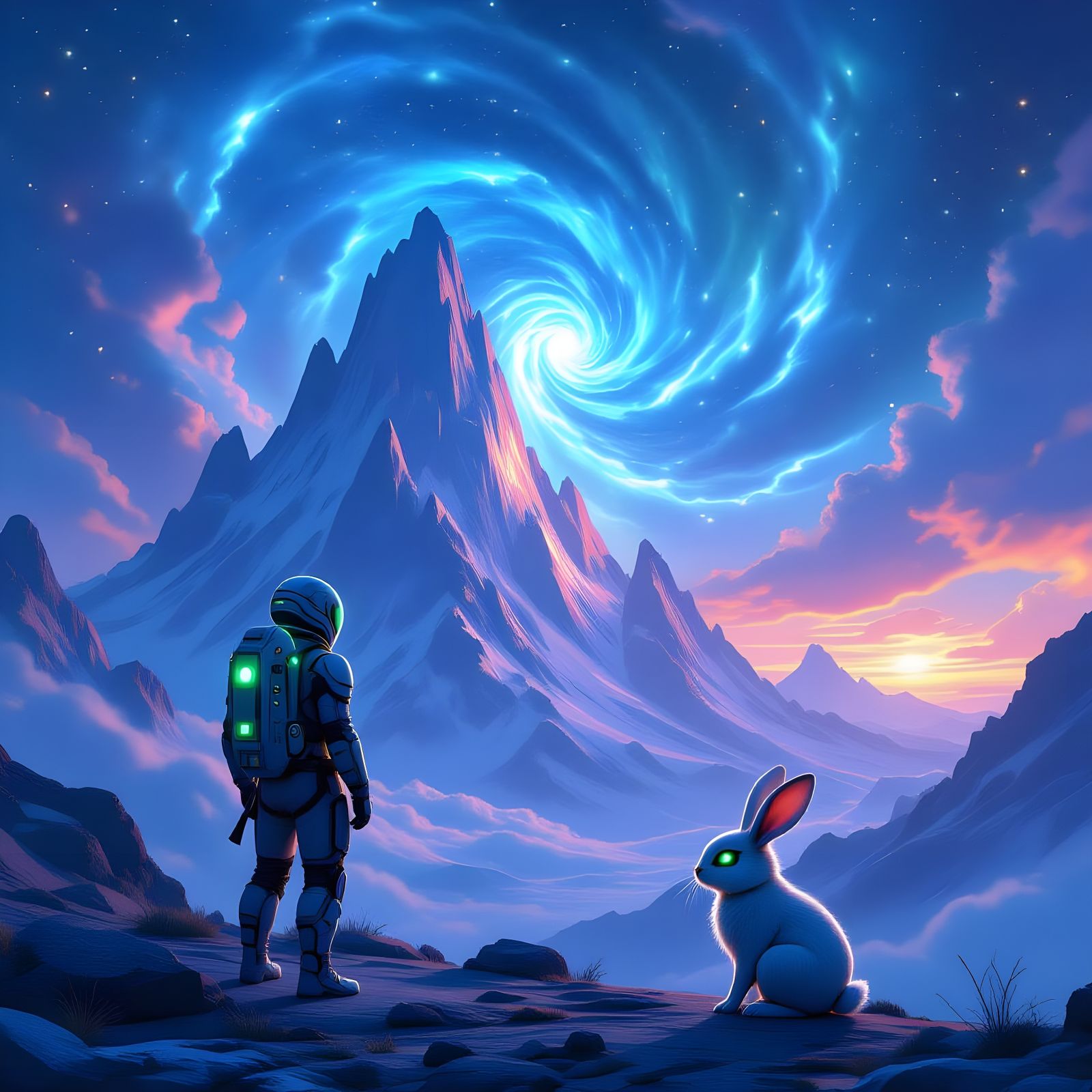 Explorer Gazes at Crystalline Mountains Under Nebula Sky