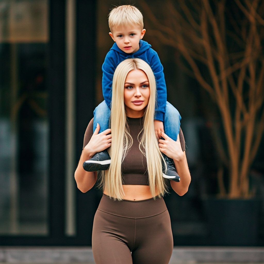 Photorealistic Blonde Woman Carries Boy in Fashion Editorial...