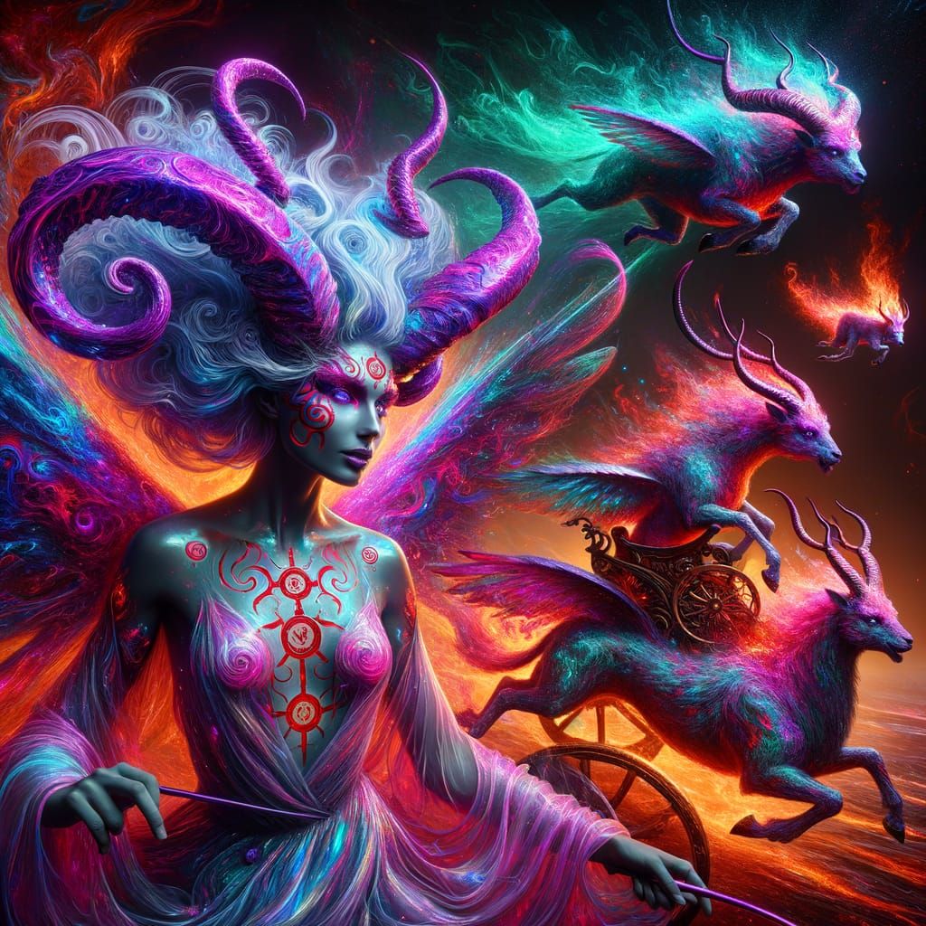 Mystical Satyr Guides Apollo's Chariot in Vibrant Underworld...