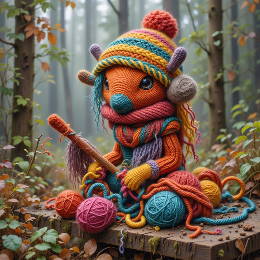 Yarn monster knitting a sweater, pop surrealism <lora:Magically Artistic:1.0>