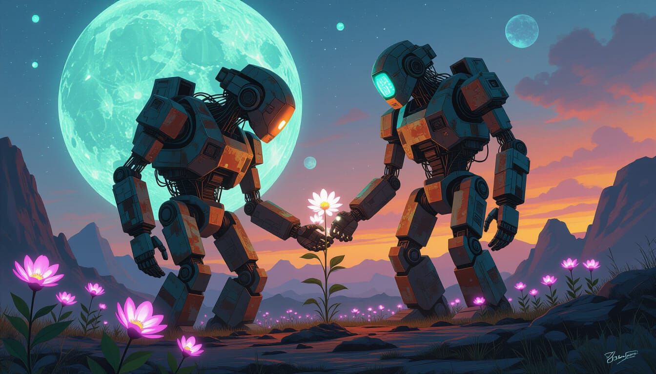 Robot Gardener on Distant Planet in Sci-Fi Style