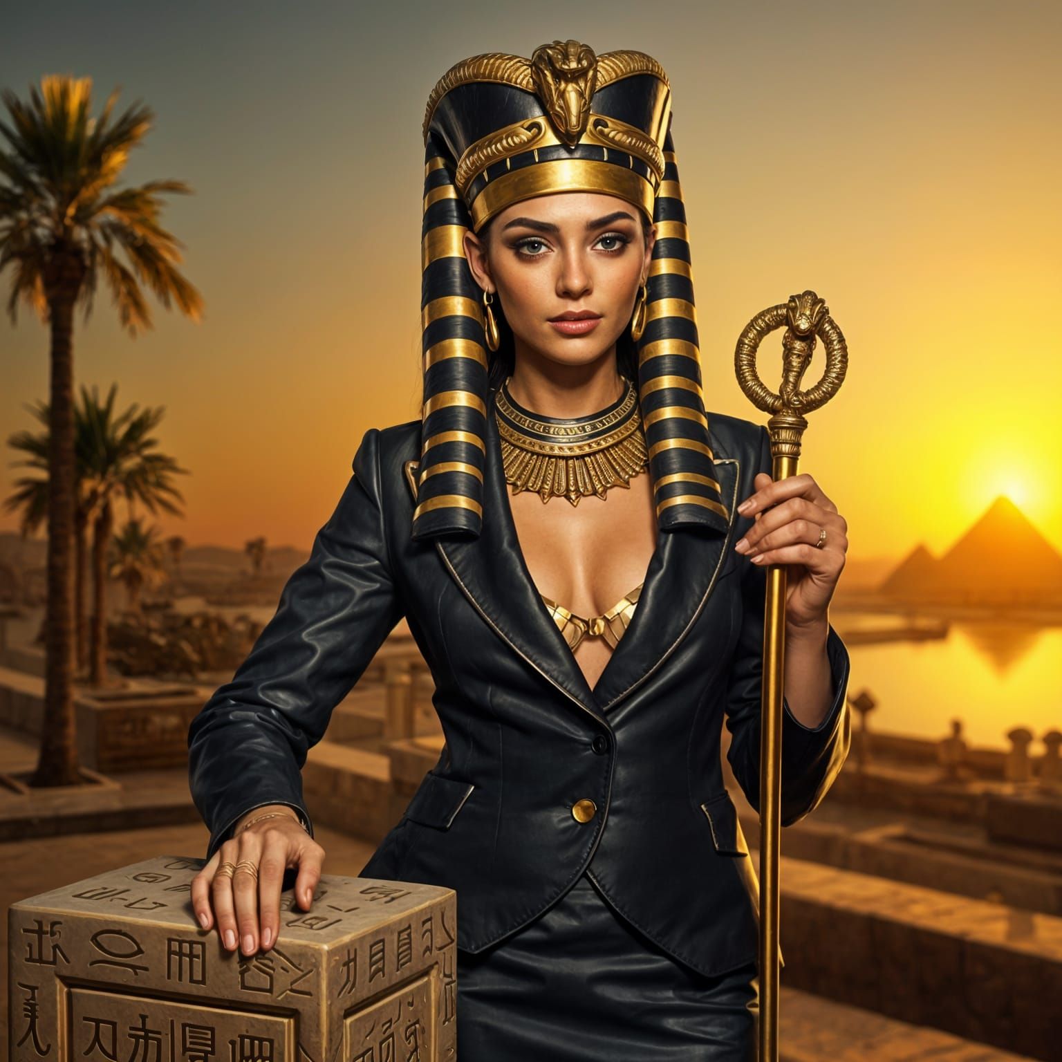 Cleopatra in Business Suit with Egyptian Crown