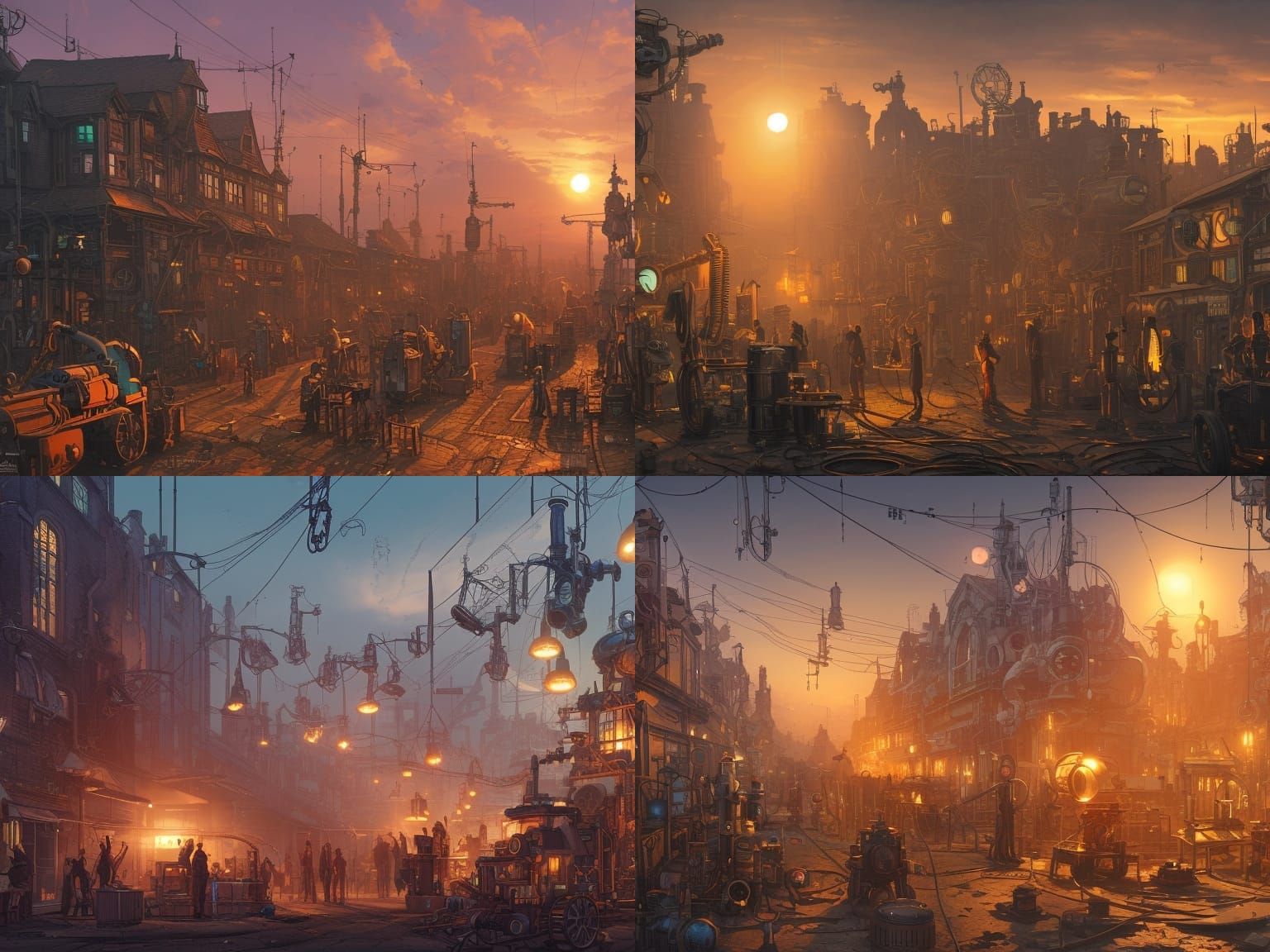 Steampunk Robot Village at Sunrise: Comic Book Art