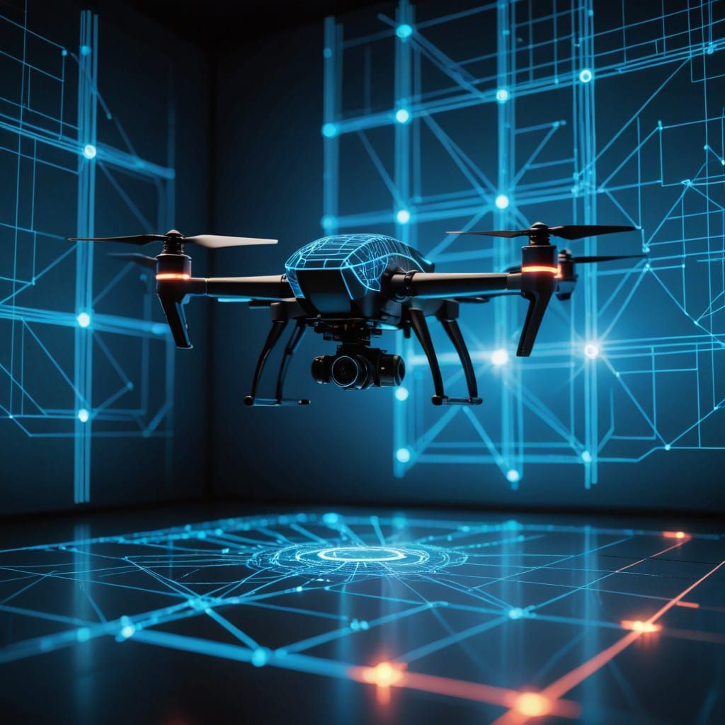 Laser Paint Drone Against Glowing Virtual Gridlines