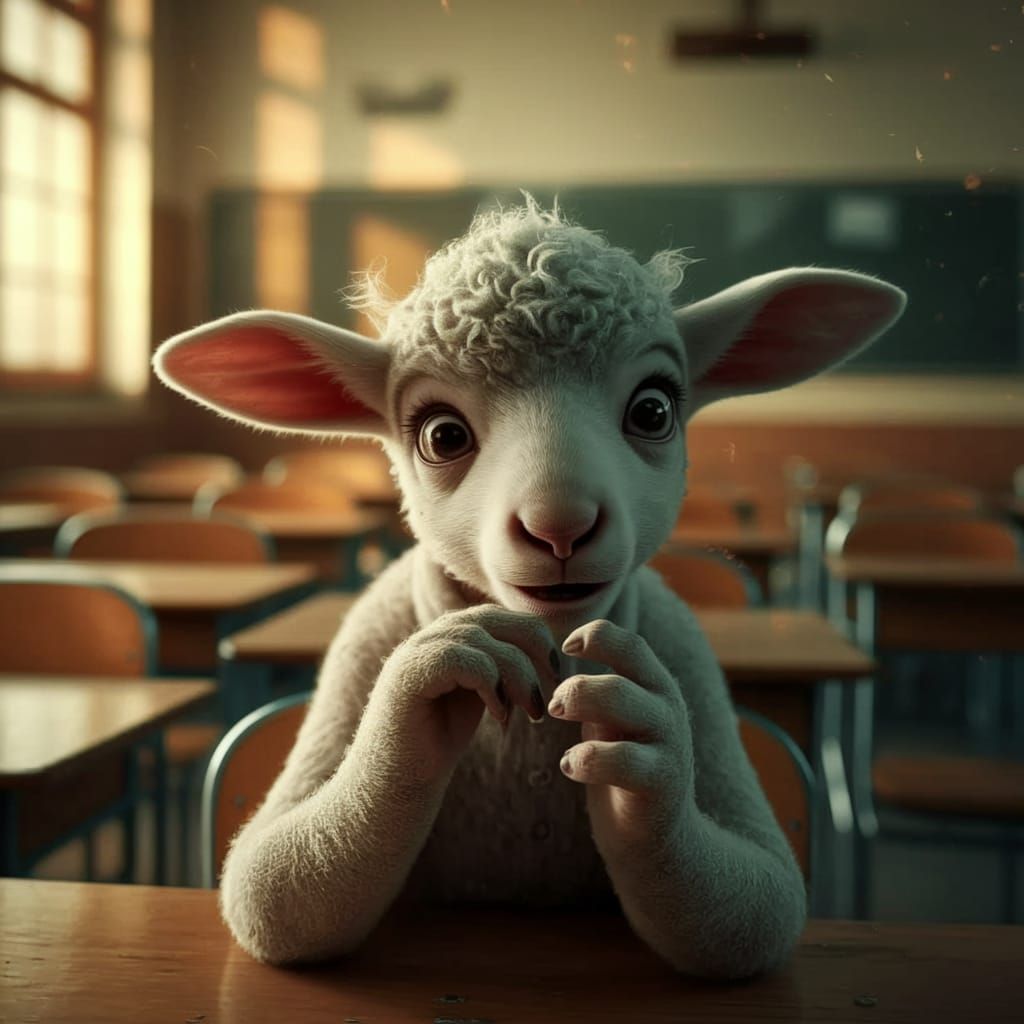 Terrified Lamb Anxiously Bites Nails in Classroom