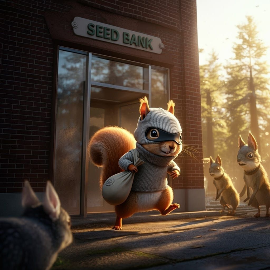 Chibi Squirrel's Heist: A Hyperrealistic Oil Painting