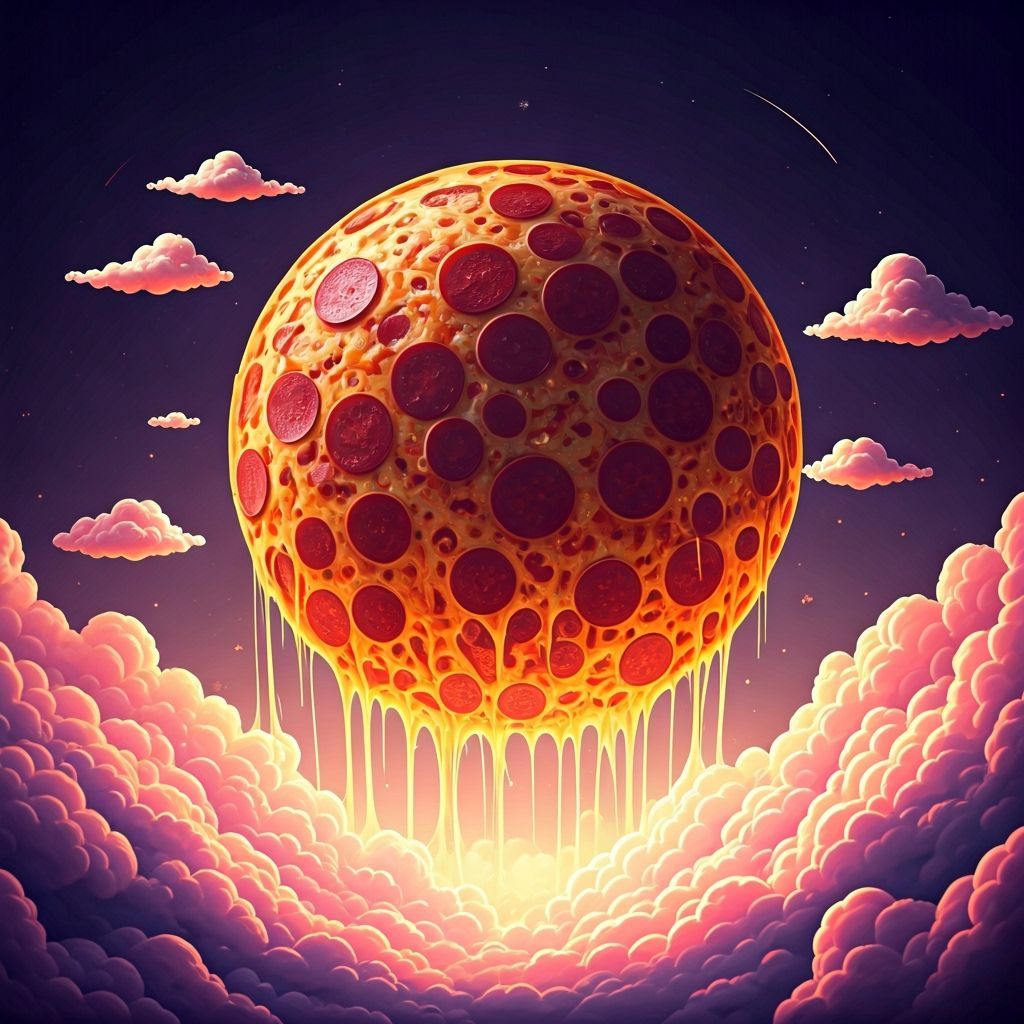 Pizza Moon with Ice Cream Clouds, Digital Art