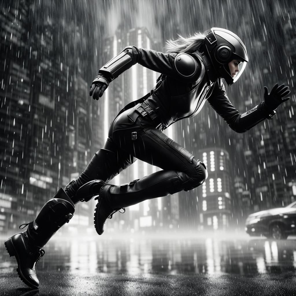 Female Mech Running in Matrix Digital Rain