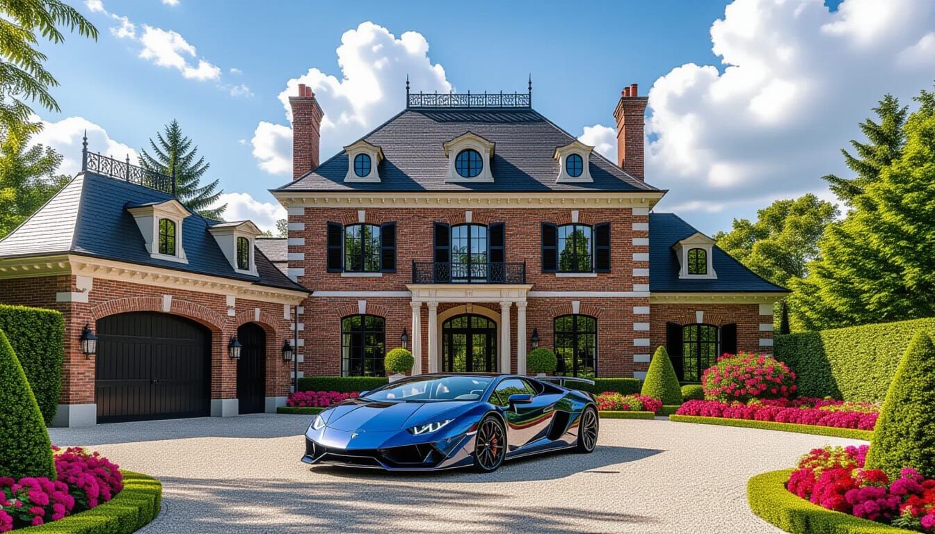 Victorian Chateau With Lamborghini In Vibrant Garden