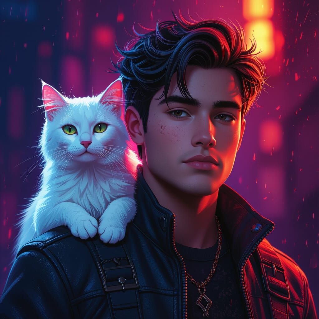 Man with White Cat on Shoulder, Detailed Matte Painting