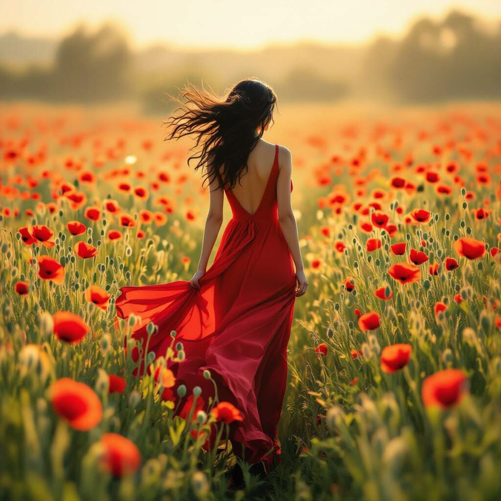 Woman in Red Dress in Poppy Field, Golden Hour
