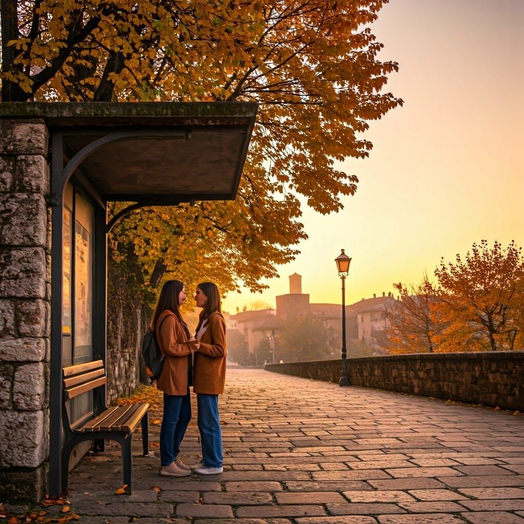 Italian Girls at Bus Stop in Autumn Sunrise