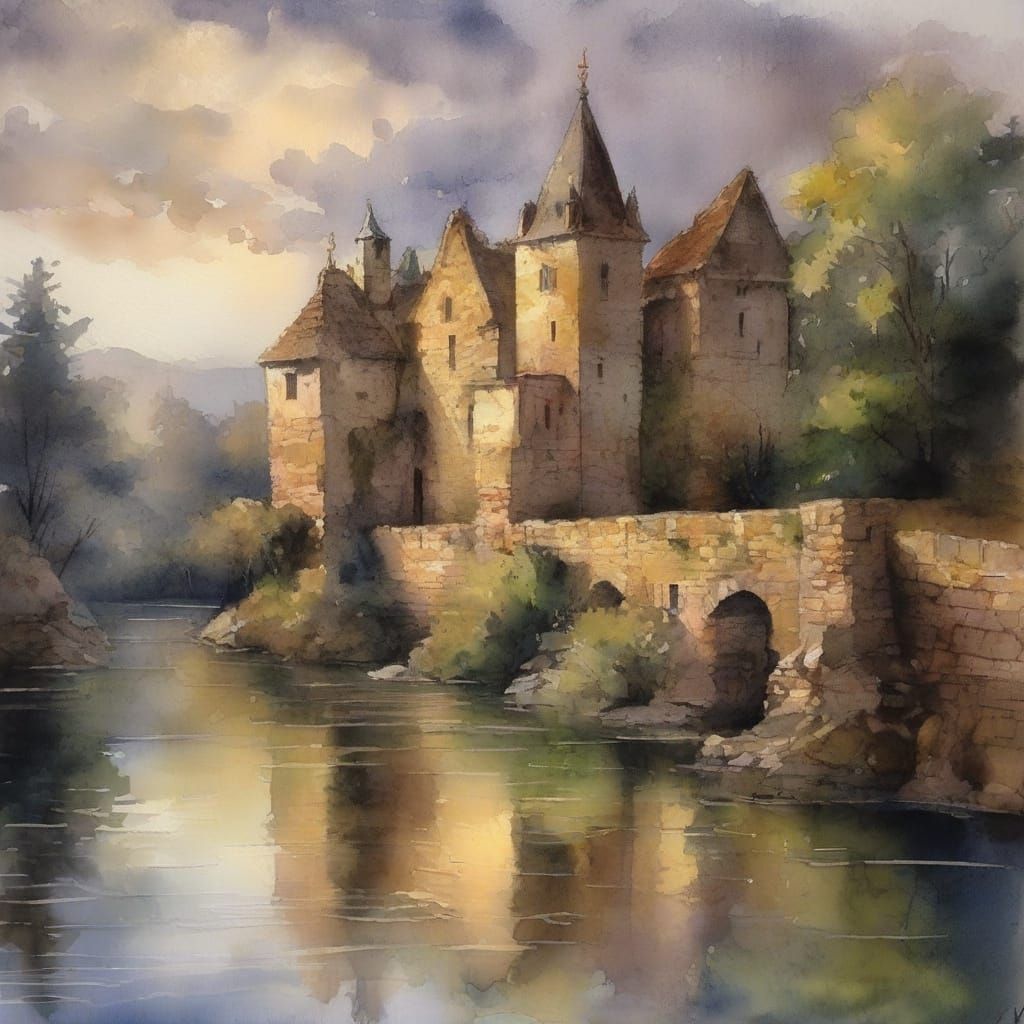 Medieval Gothic Gatehouse Amidst Mysterious Riverbank Atmosp...