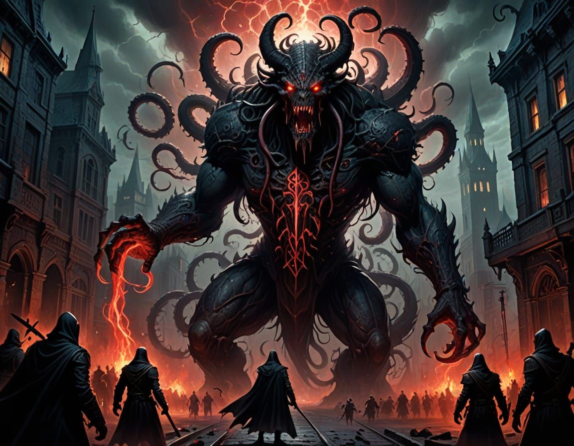 Eldritch Beast Battles Warriors in Gothic City Under Blood M...