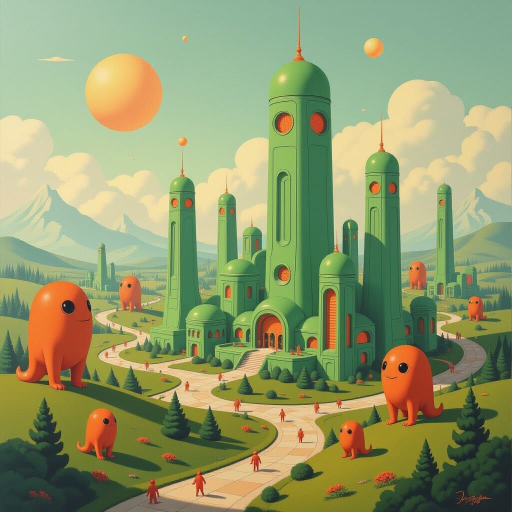 Surreal Green Retro-Futuristic City with Orange Creatures