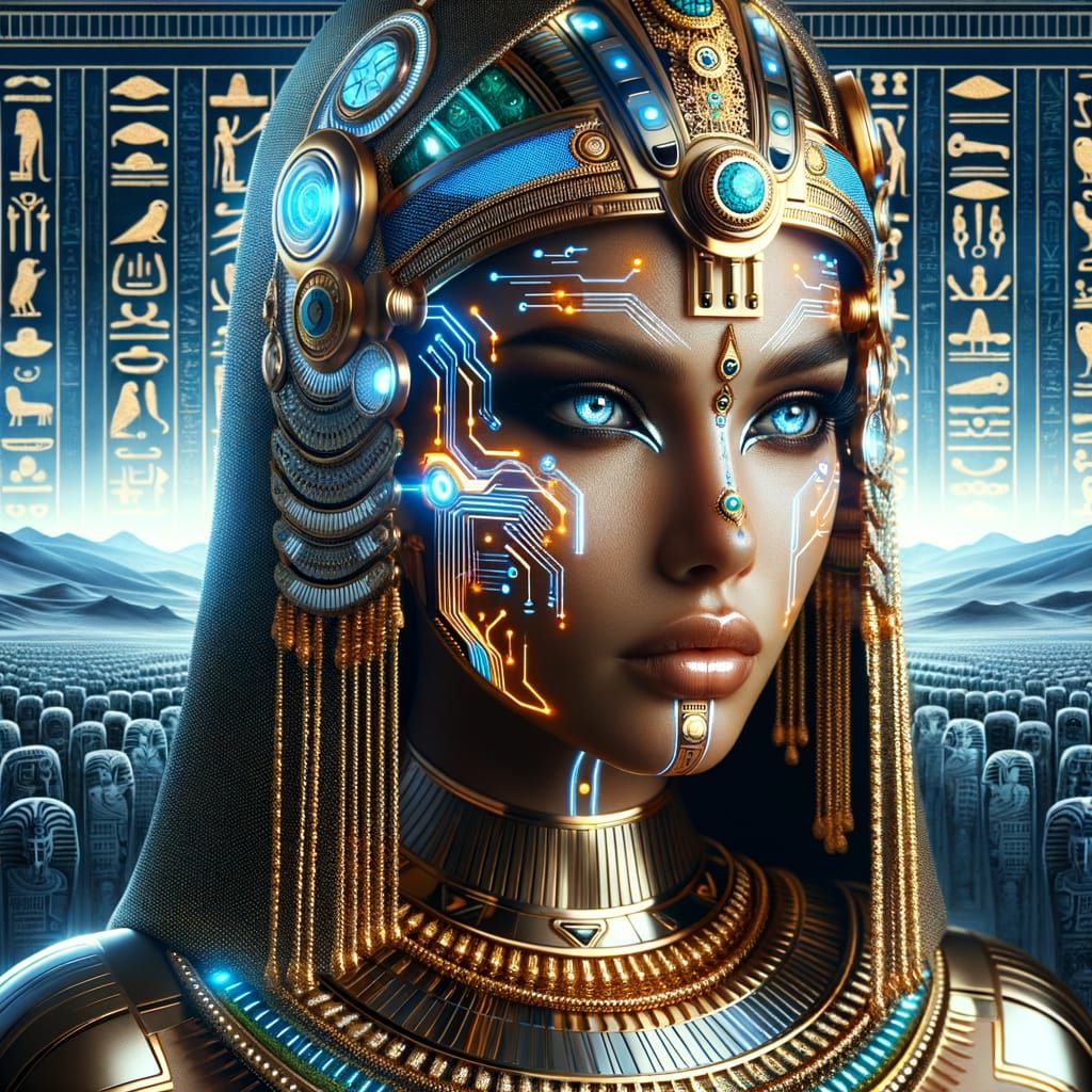 Regal Egyptian Queen with Sci-Fi Cybernetic Enhancements