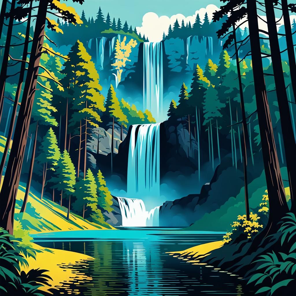 Vintage Travel Poster of Forest Waterfall