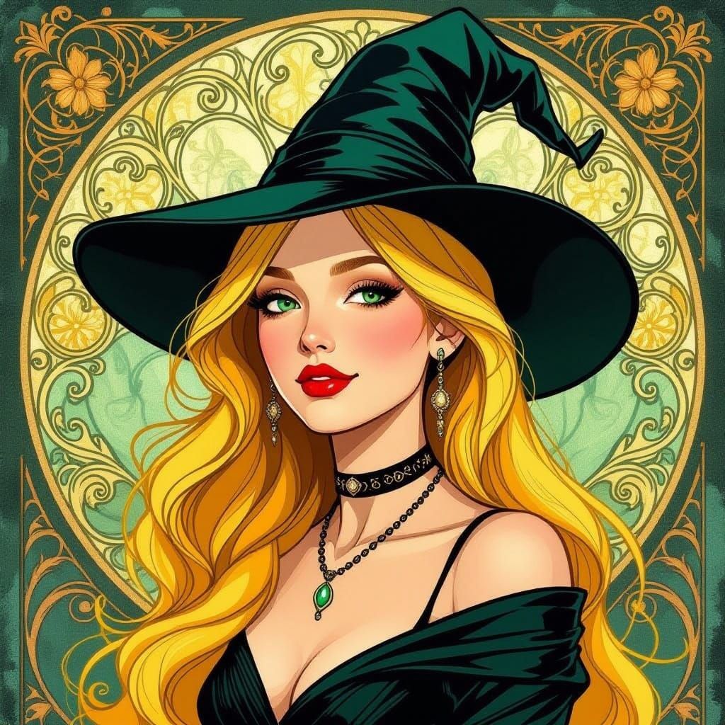 Art Nouveau Woman with Yellow Hair and Witch Hat