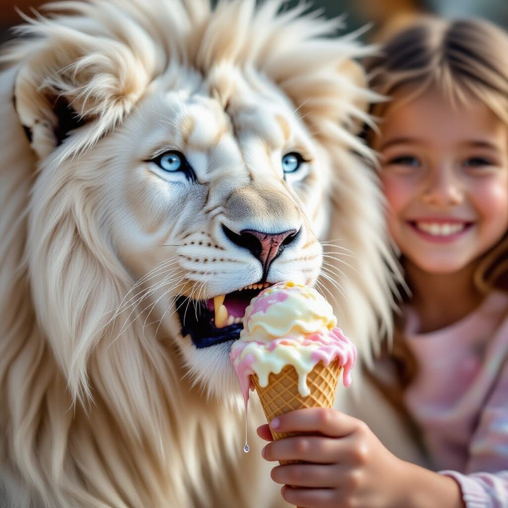 Albino Lion Enjoys Ice Cream: A Macro Photograph