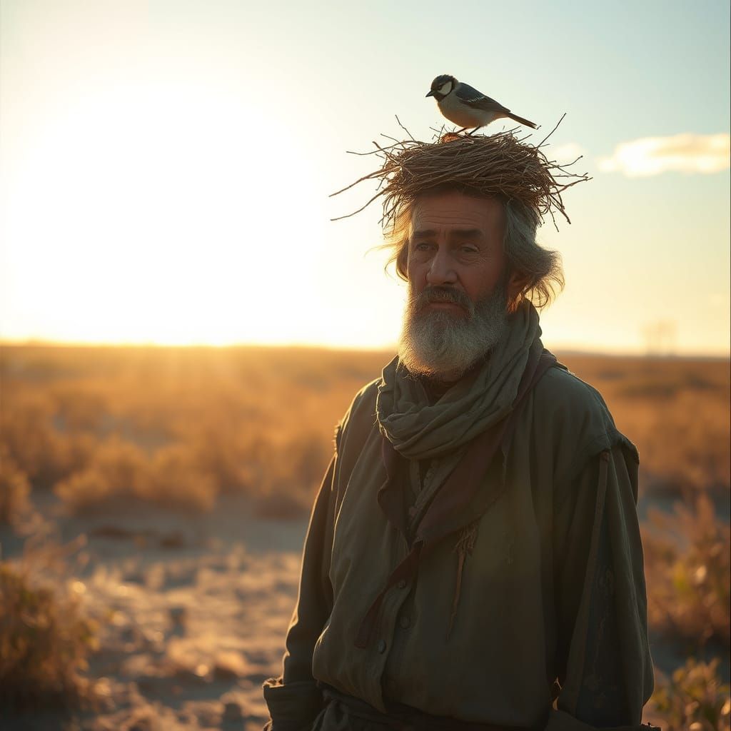 Man Stoic With Bird Nest Atop Head in Golden Hour