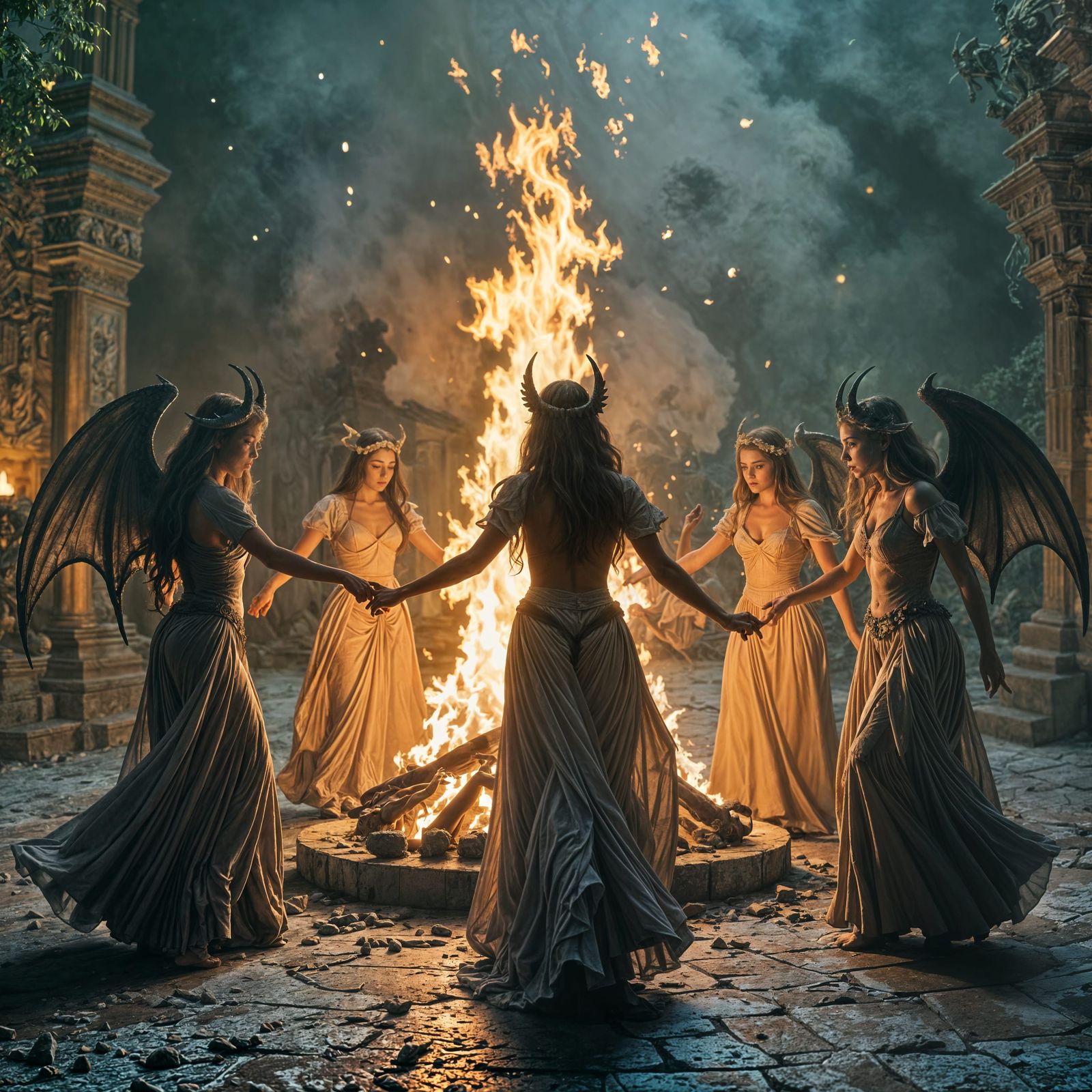 Ethereal Gargoyle Maidens Dance Around Mythical Fire
