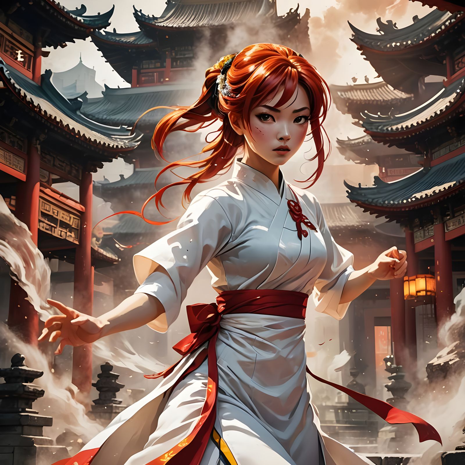 Red-Haired Anime Girl Fighting at Chinese Temple