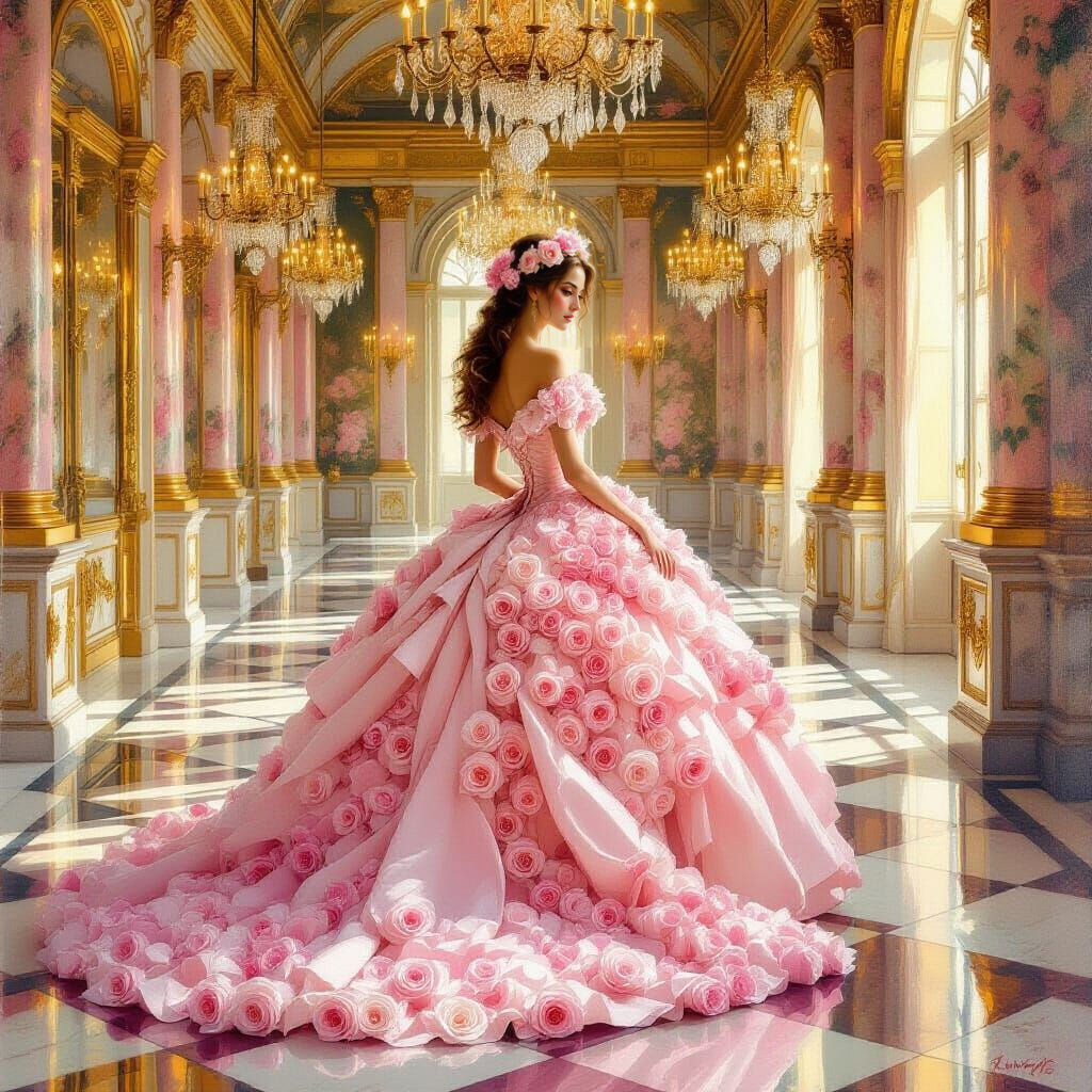 Rose Gown in Baroque Ballroom: An Oil Painting