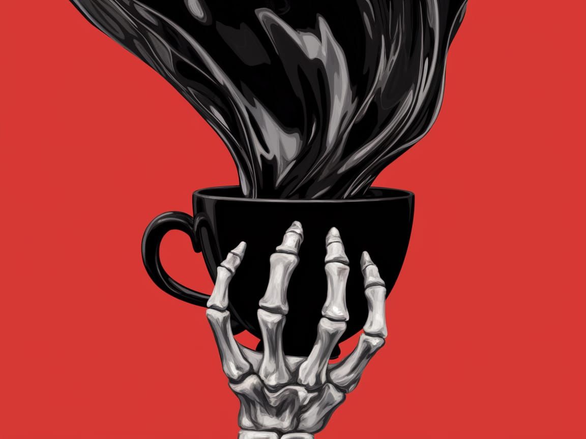 Skeletal Hand Dances with Dark Liquid in Red Abyss