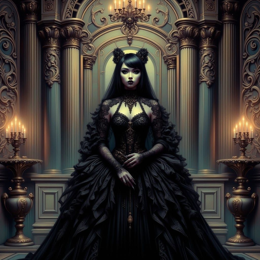 <lora:Romantic Goth:1.0> elegant beautiful high goth woman in a stunning castle chamber