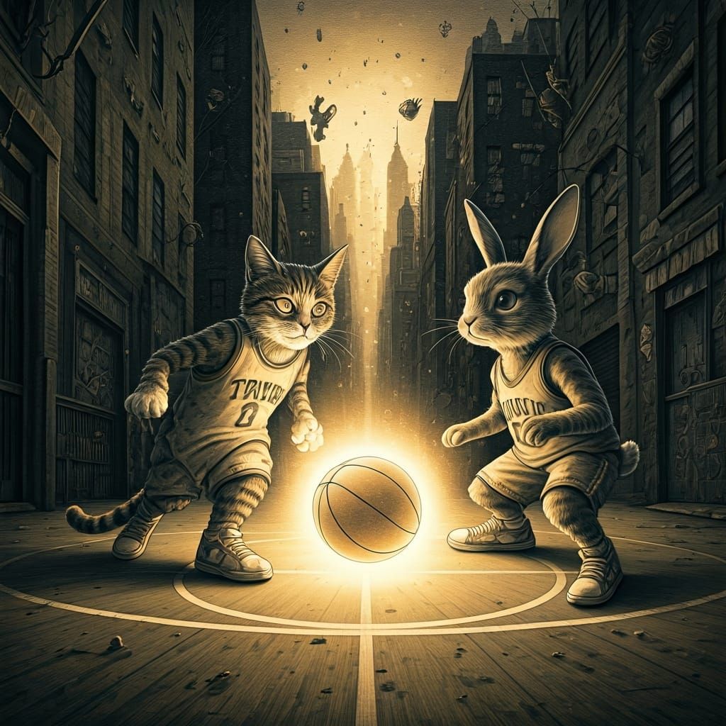 Anthropomorphic Pets Play Basketball: Egon Schiele Style