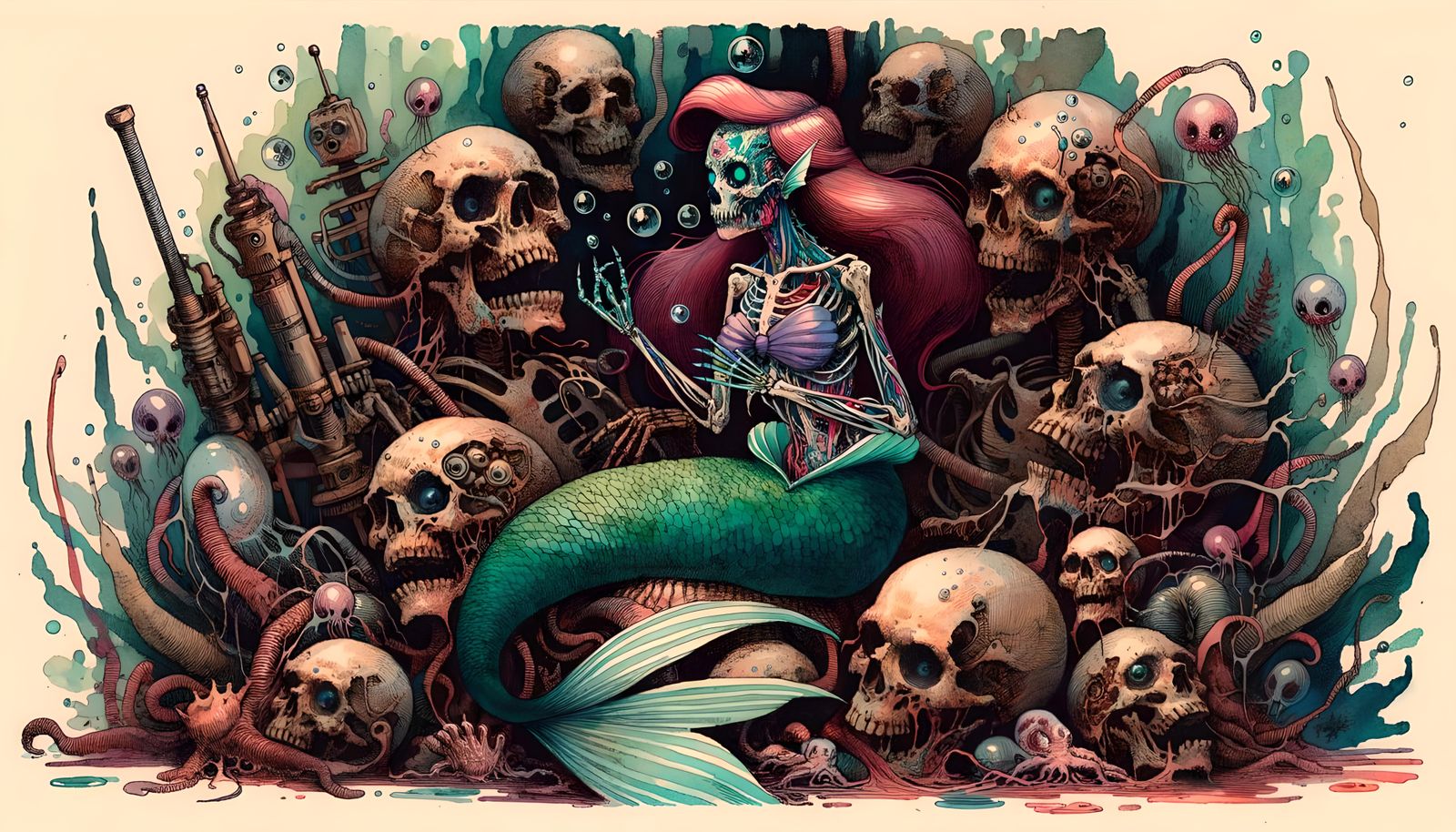 Eerie Little Mermaid in Biomechanical Surrealism