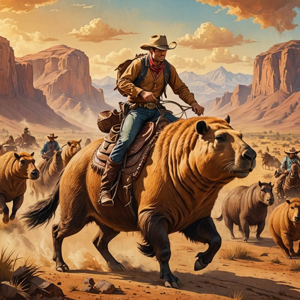 Cowboy Rides Giant Capybara in Wild West Art