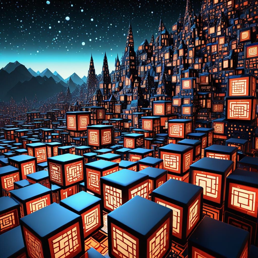 A Futuristic Cubes City at Night 