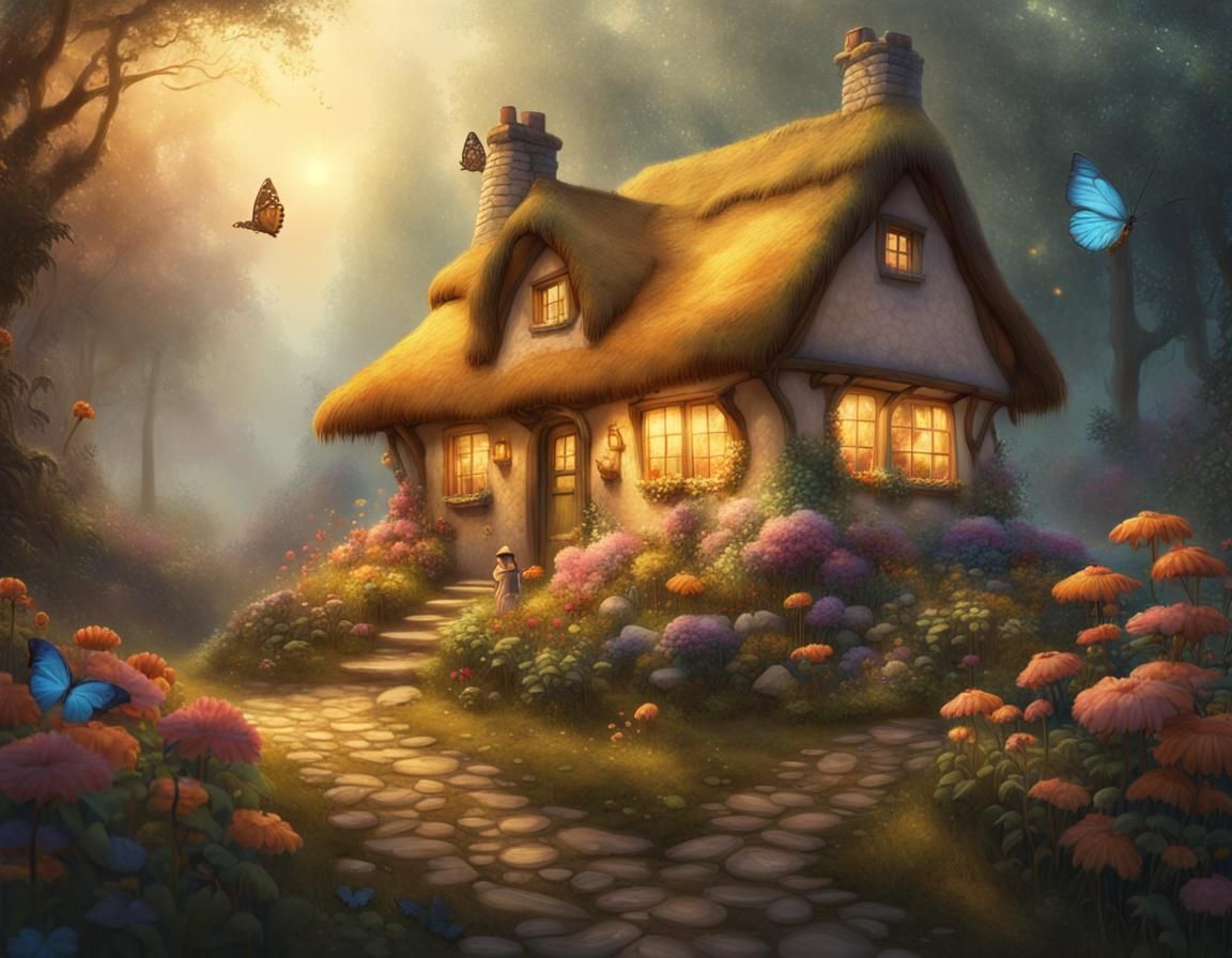 Whimsical Cottage Amidst Vibrant Blooms and Butterflies in a...