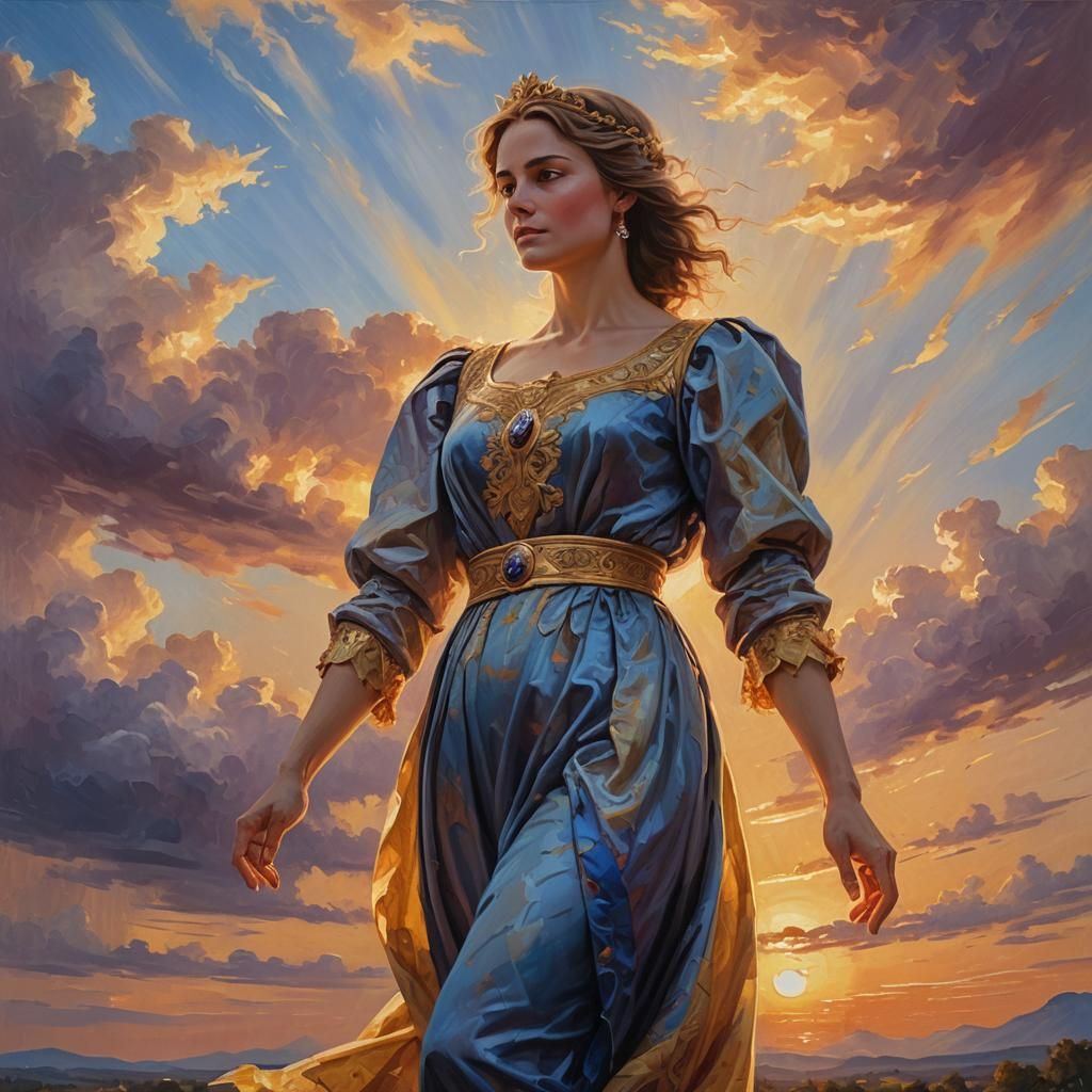 Regal Figure in Sunset, Oil Painting Style