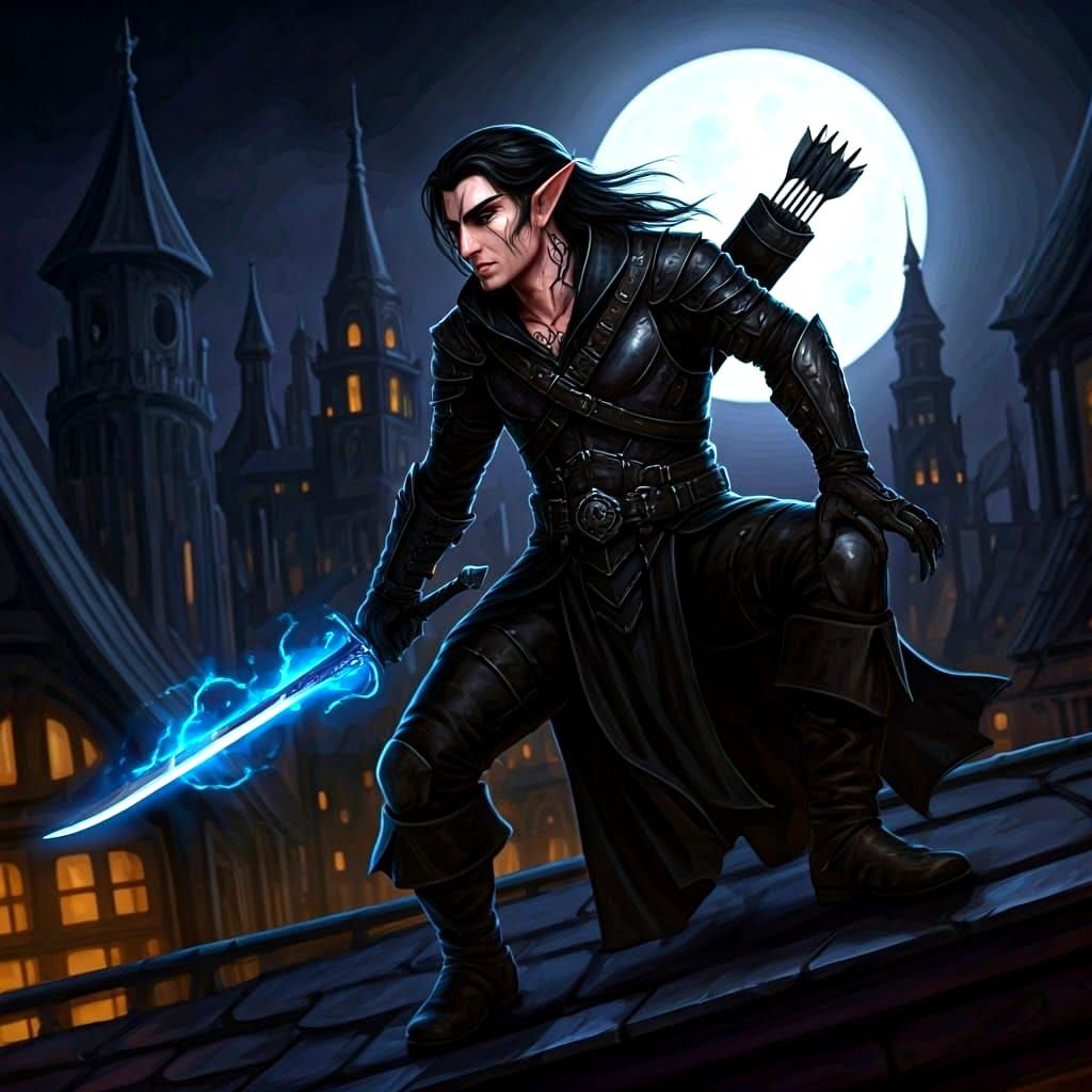 Half-Elf Rogue with Lightning Sword on Rooftop