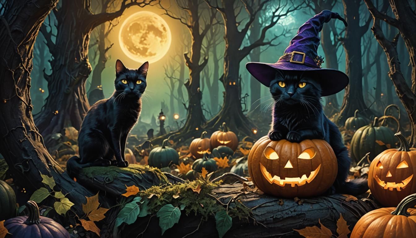 Witch's Cat on Pumpkin in Spooky Forest