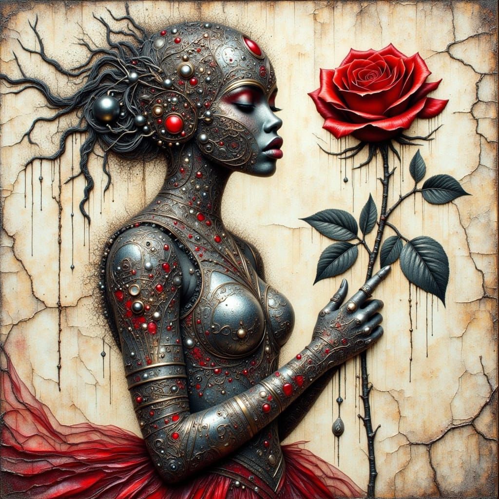 Cyborg Woman in Patina Armor Holding Rose, Ink and Charcoal ...