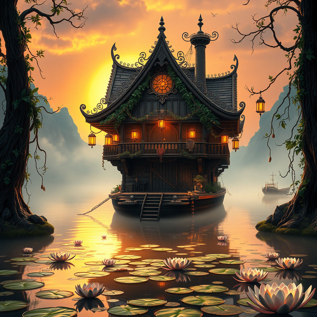 Mystical Boathouse at Sunset: Fantasy Concept Art