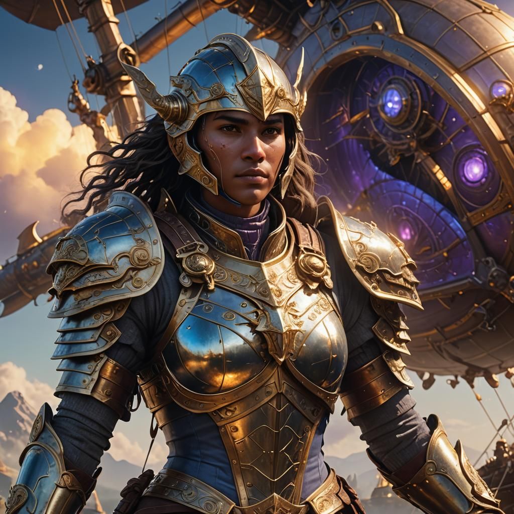 Fantasy Warrior on Airship in Epic 3D Game Graphics